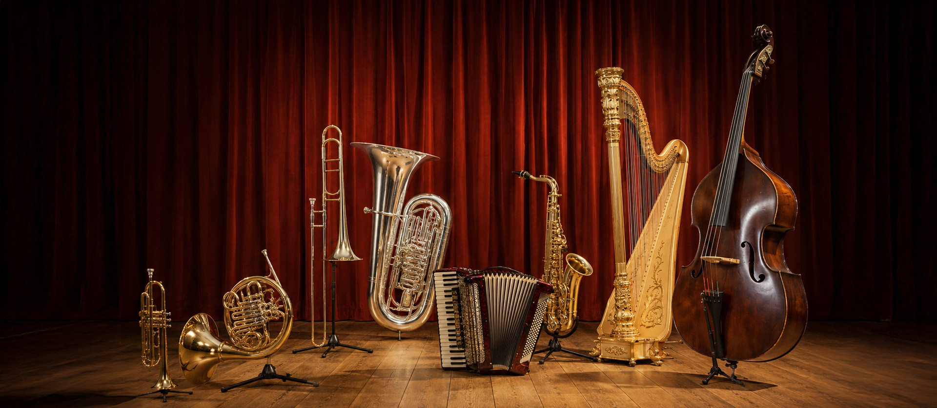 Auf einer Holz Bühne stehen Trompete, Horn, Posaune, Tuba, Akkordeon, Saxophon, Harfe und Kontrabass vor rotem Vorhang.